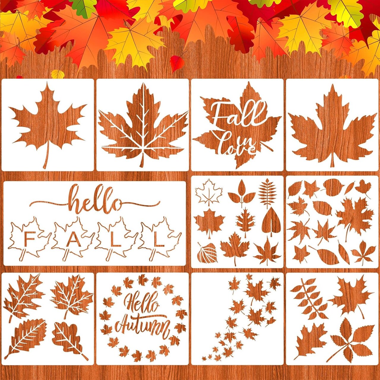 11 Pieces Fall Painting Stencils Autumn Stencil (Maple,8 x 8 Inch, 6 x 12 Inch)